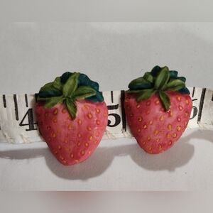 Vintage Strawberry Craft Buttons Clip on Earrings Novelty Figural Painted Whimsy